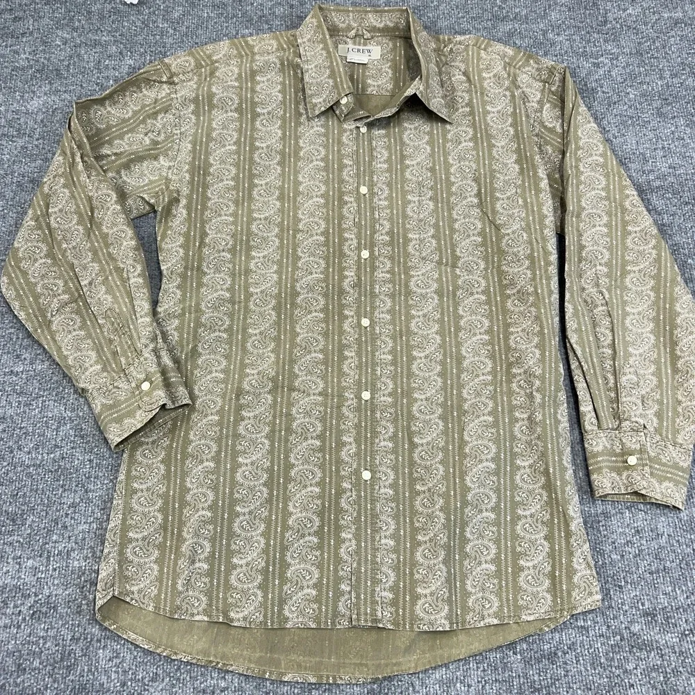 J.CREW Shirt Men XL Green Paisley Print 100% Cotton Casual Long Sleeve Button Up